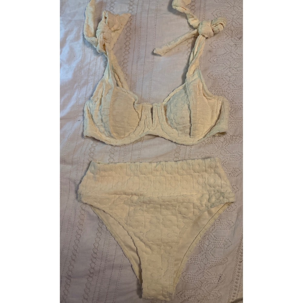 Butter Yellow Terry Floral Checkered High Rise Underwire Bikini 2pc Swimsuit, S